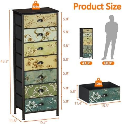 7 Drawer Tall Dresser for Bedroom, Vintage Fabric Chest of Drawers