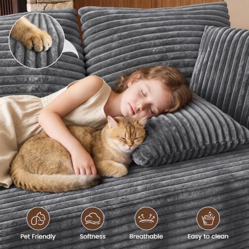 WINBOY 106" L Shaped Boneless Couches for Living Room, Comfy Modular Deep Seat Compressed Corduroy Sofawith Side Pocket,Grey, Left Facing Chiase