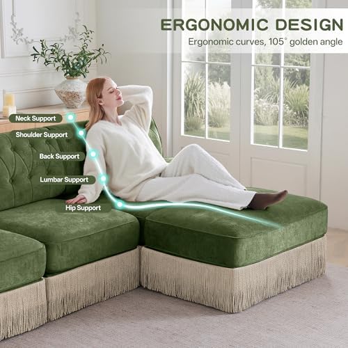 77" Velvet Chesterfield Style Modular Sectional Loveseat Sofa, Oversized Button Tufted 2-Seater Couch with 2 Ottoman & Floor-grazing Tassel Fringe Skirt, Easy Assembly, for Living Room, Green