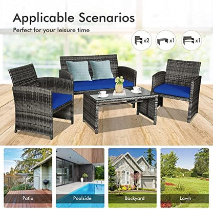 Goplus 4-Piece Rattan Patio Furniture Set, Outdoor Wicker Conversation Sofa with Weather Resistant Cushions and Tempered Glass Tabletop for Lawn Backyard Pool Garden (Blue)
