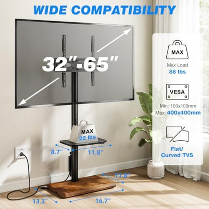 Rfiver Floor TV Stand with Power Outlet for 32-65 inch TVs up to 88 lbs, Swivel TV Mount Stand with Height Adjustment and Oak Wood Base for Bedroom, Office, Corner, Max VESA 400x400mm