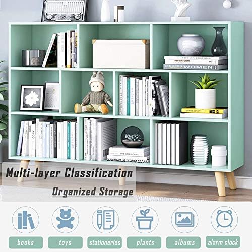 IOTXY Wooden Open Shelf Bookcase - 3-Tier Bookshelf with Leg, Tiffany-Green