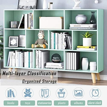 IOTXY Wooden Open Shelf Bookcase - 3-Tier Bookshelf with Leg, Tiffany-Green