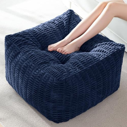 HIGOGOGO Square Stuffed Pouf Ottoman, Blended Corduroy Poufs with Foam Chunk Filling, 25.6 x 25.6 Inches Floor Poufs Foot Rest for Living Room, Navy