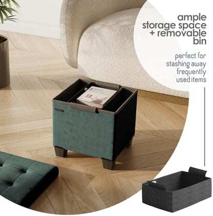 Storage Ottoman Cube with Small Bin, 15-in Square Ottoman with Storage for Living Room and Bedroom, Small Ottomans Foot Rest, Velvet Foot Stools Ottomans Max 330lbs, Green
