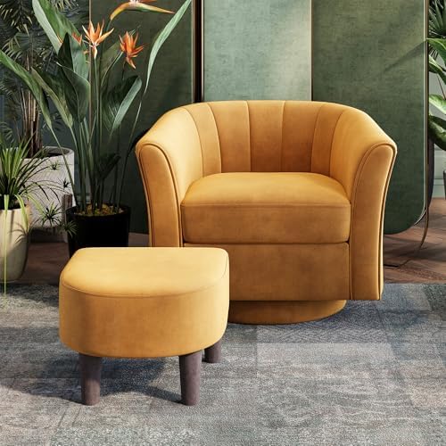 LINSY Large Swivel Accent Chair with Ottoman, Velvet Barrel Chair with Footrest, Modern Upholstered Comfy Reading Chair Armchair for Living Room, Bedroom, Study Room, Office, Yellow