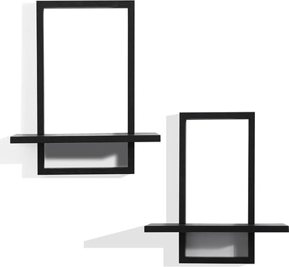 PHOENANCEE Square Floating Shelves,Wall Plants Holder,Bathroom Wall Decor,Framed Decorative Shelf Black,Modern Chic Set of 2 for Living Room Bedroom Home Office,Soild Wood,L+S