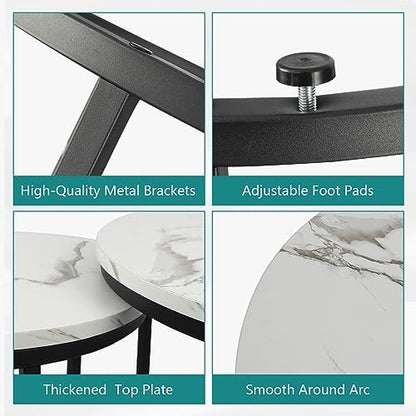 Smuxee White Nesting Coffee Table Set of 2, 23.6" Round Coffee Table Wood Grain Top with Adjustable Non-Slip Feet, Industrial End Table Side Tables for Living Room Bedroom Balcony Yard