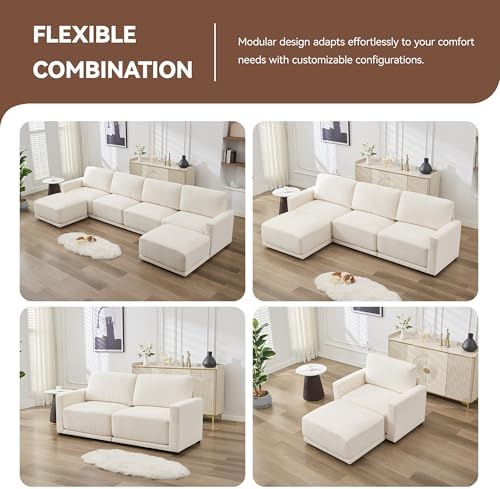 Modular Sectional Couch, 143.8" Chenille Oversized 4 Seater Sofa, White