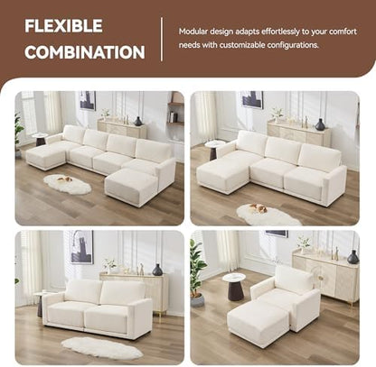 Modular Sectional Couch, 143.8" Chenille Oversized 4 Seater Sofa, White