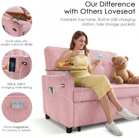 55'' Sleeper Sofa Bed, Convertible Pull Out Couch(Pink)