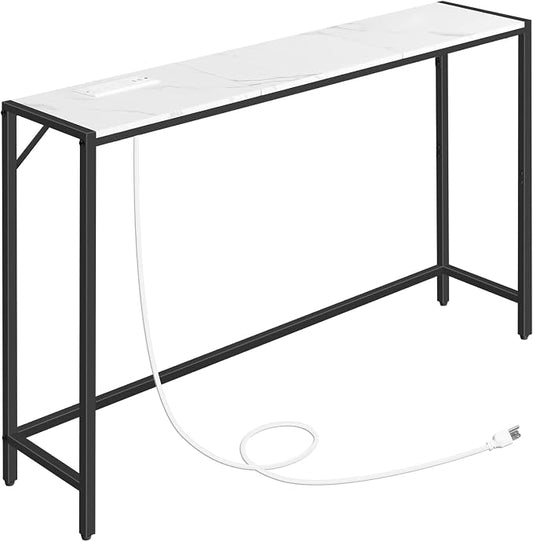 MAHANCRIS Console Table, Narrow Sofa Table Behind Couch, 43.7” Entrance Table with Power Station, Simple Style, for Living Room, Hallway, Entryway, Foyer, Marble and Black CTHM112E01