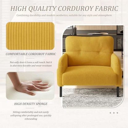 26" Modern Single Couch Sofa, Corduroy Fabric Armchair Upholstered Sofa, Single Sofa Chairs for Small Space, Living Room, Bedroom, Apartment, Yellow