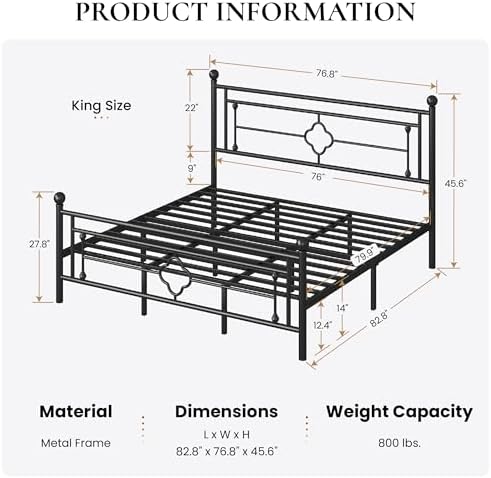 SHA CERLIN 14 Inches King Size Metal Platform Bed Frame/Vintage Iron-Art Headboard and Footboard/Mattress Foundation for Storage/No Box Spring Needed/Noise-Free/Easy Assembly/Black