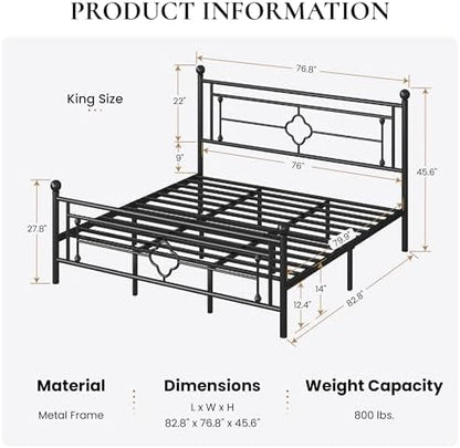 SHA CERLIN 14 Inches King Size Metal Platform Bed Frame/Vintage Iron-Art Headboard and Footboard/Mattress Foundation for Storage/No Box Spring Needed/Noise-Free/Easy Assembly/Black