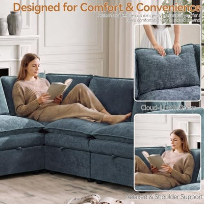 Modular Sectional Storage Sofa, 130" Oversized U-Shaped Couch, Blue