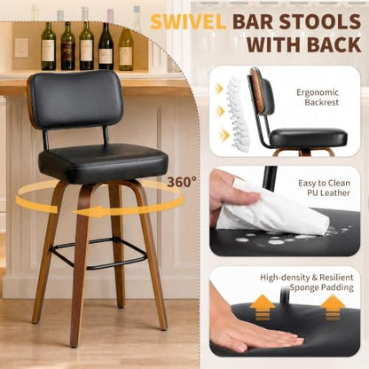 Garvee Counter Height Bar Stools Set of 3, 26" Swivel Bar Stools with Back & Bentwood Legs,Faux Leather Upholstered Counter Stools for Kitchen Counter, Black