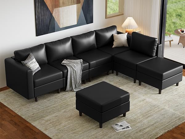 ABCASA Faux Leather Sectional, Modular Sectional Sofa with Storage Seats, 7 Seat Faux Leather Modular L Shaped Couches with Movable Ottoman for Living Room,Black