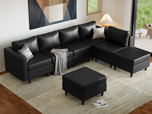ABCASA Faux Leather Sectional, Modular Sectional Sofa with Storage Seats, 7 Seat Faux Leather Modular L Shaped Couches with Movable Ottoman for Living Room,Black