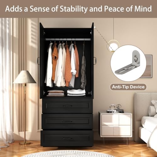 Black Armoire Wardrobe Closet with 6 Drawers, 75" Tall x 63" Wide