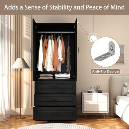 Black Armoire Wardrobe Closet with 6 Drawers, 75" Tall x 63" Wide