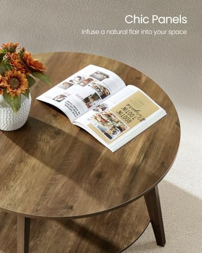 VASAGLE Round Coffee Table, 2-Tier Center Table with Storage, Tapered Legs