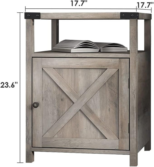 Farmhouse Nightstand Rustic End Table Side Table with Cabinet and Shelf, Wood Night Stand for Bedroom, Gray, 17.7 in