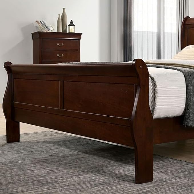 First of a Kind Louis Philippe Traditional Queen Size Bedroom Set 4 Piece Sleigh Design in Dark Cherry Finish - Elegant Classic Solid Wood Bedroom Furniture Set