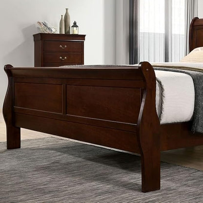 First of a Kind Louis Philippe Traditional Queen Size Bedroom Set 5 Piece with 2 Nightstands Sleigh Style in Dark Cherry Finish - Elegant Classic Solid Wood Bedroom Furniture Set