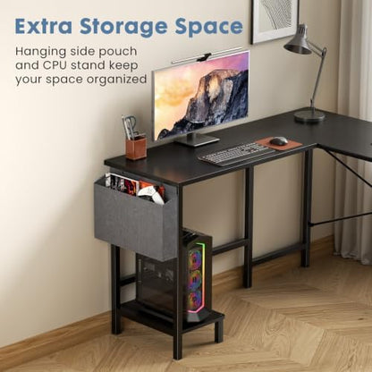 DUMOS L Shaped Computer Desk with PC Stand, Corner Workstation, Black