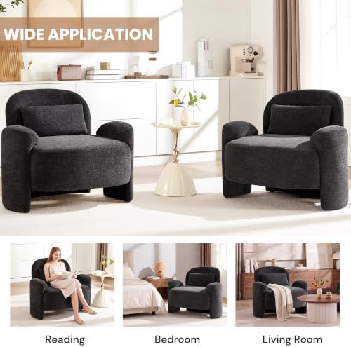 Accent Chairs Set of 2, Modern Chenille Fabric Lounge Reading Sofa with Lumbar Pillow, Upholstered Arm Chairs for Living Room, Bedroom & Office, Dark Grey