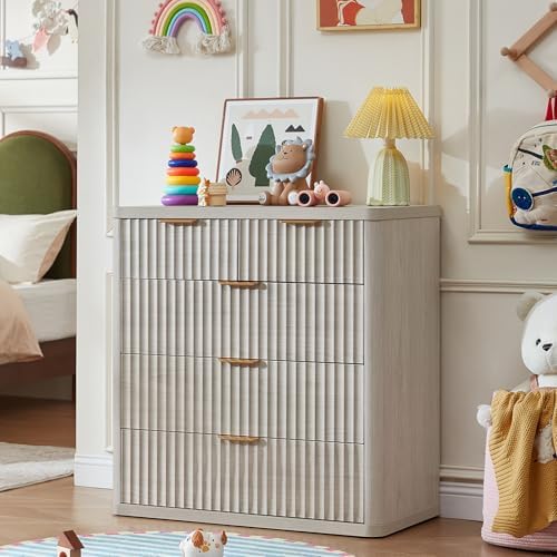 LEYAOYAO Fluted 5 Drawers Dresser for Bedroom Set of 2, 34" Tall Modern Chest of Drawers with Metal Handle, Curved Profile Design,Wood Drawer Organizer for Bedroom, Living Room, Hallway,Lightgrey