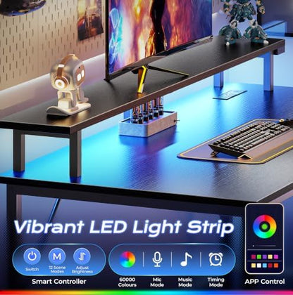 PRAISUN 40 inch Gaming Desk, LED & Power Outlets, Monitor Stand, Black