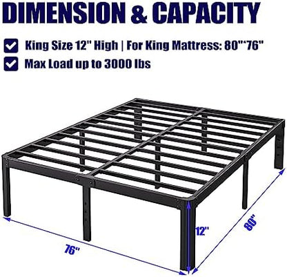 Hunlostten 12" High King Bed Frame No Box Spring Needed, Heavy Duty King Platform Bed Frame with Round Corners, Easy Assembly, Noise Free, Black