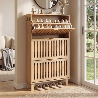 Shoe Cabinet, Slim 3 Flip Drawers for Entryway, Natural