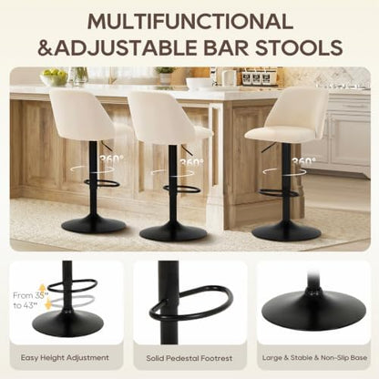 COLAMY Bar Stools Set of 1, Modern Swivel Bar Chairs, Adjustable Upholstered Barstools Counter Height with Full Backrest for Bar, Dining Room, Kitchen Island, Beige