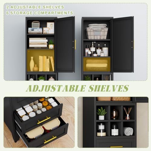 Tall Narrow Storage Cabinet with Door, Drawers & Wine Rack, Freestanding Black Pantry Cupboard with Golden Handles, Modern Display Cabinet for Kitchen Living Room
