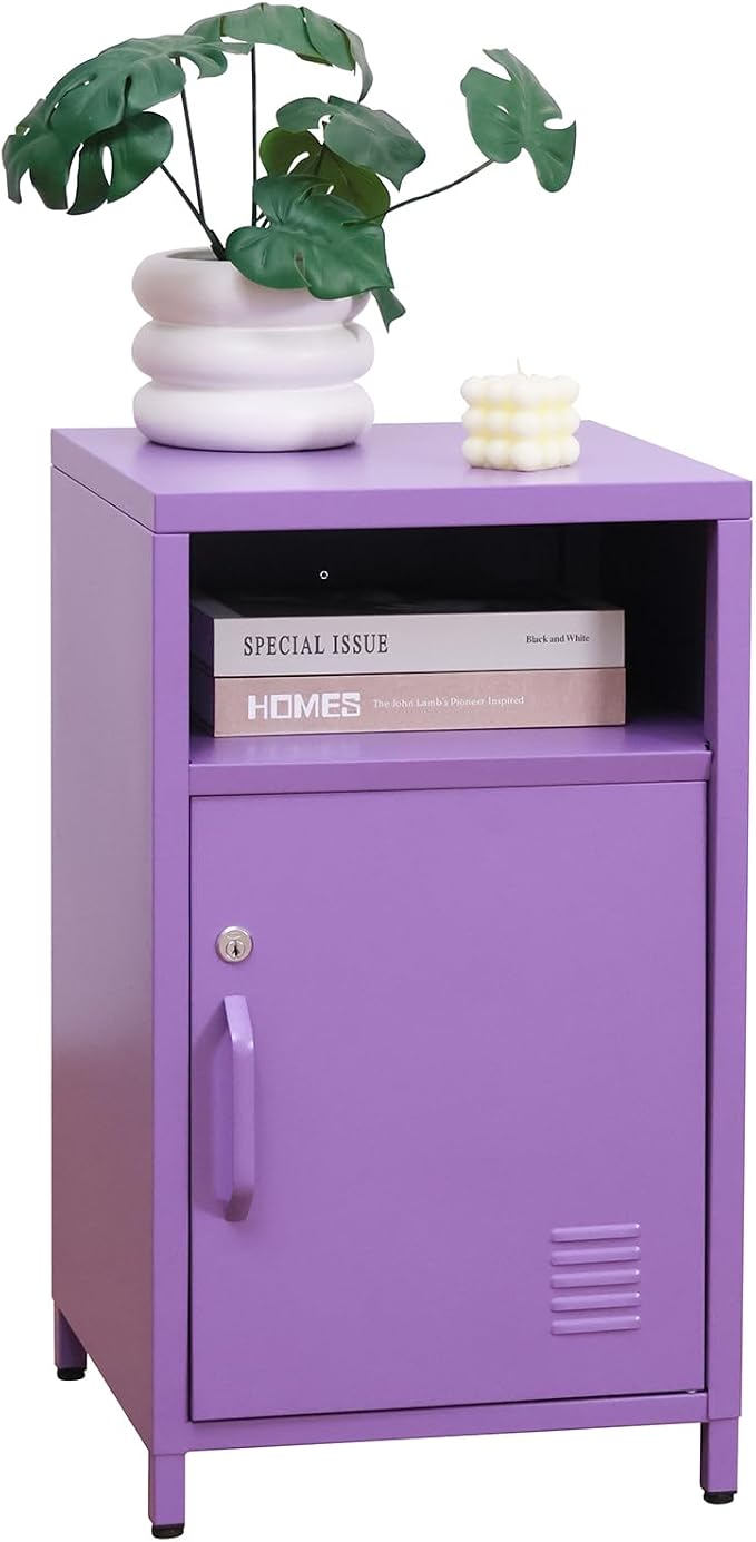ALBAD Compact Metal Nightstand with Lockable Cabinet and Open Shelf, Modern Bedside Table, Versatile Side Table for Bedroom, Living Room, or Office (Purple, 26" H-Lockable Door)