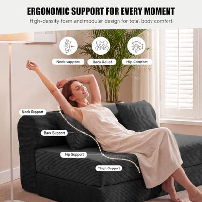 59" Convertible Sofa Bed, Corduroy Loveseat Sleeper Sofa with Pocket Springs, Foldable Floor Futon Couch with Removable Machine-Washable Cover, 2 Pillows, No Assembly, Black