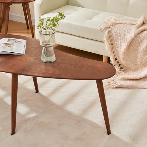 Low Oval Coffee Table;Mid Century Modern Style Centre Table;Solid Wood Living Room Furniture;Modern Sofa Coffee Side Table;Cocktail Table-Rubber Wood-Walnut