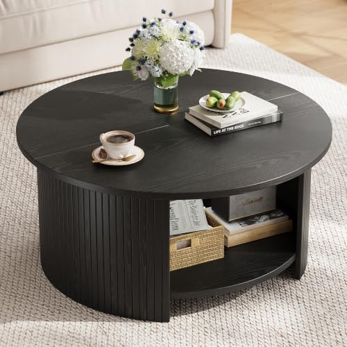 Round Coffee Table with Storage, 31.5" Modern Fluted Center Table, 2-Tier Mid Century Coffee Table, Wood Circle Table for Living Room, Home Office, Small Space, Black