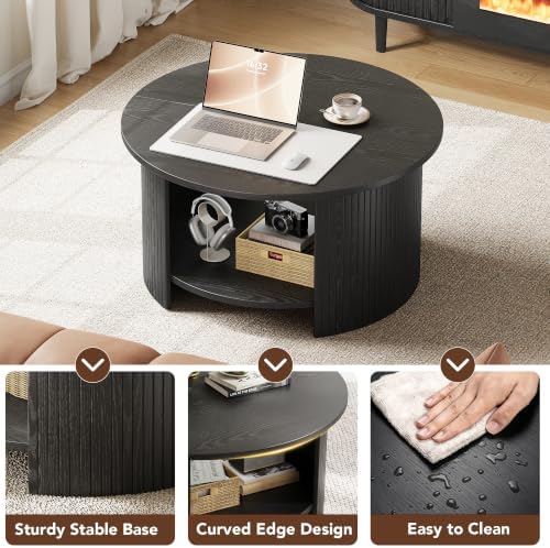 Round Coffee Table with Storage, 31.5" Modern Fluted Center Table, 2-Tier Mid Century Coffee Table, Wood Circle Table for Living Room, Home Office, Small Space, Black
