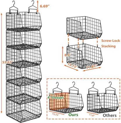 6-Tier Extended Depth Hanging Closet Organizers and Storage for Closet Organization, Stackable Hanging Shelves with Hooks for Clothes Sweaters Towels Purses, Fits Closet Shelves & Wire Metal Shelving