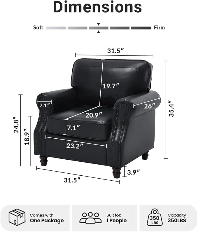 Kingfun Loveseat 2 Seater Couch with Chair, Mid Century Modern Faux Leather Sofa Set with Rolled Arms and Deep Seats, Fluffy Comfort for Living Room, Apartment, Easy Assembly,Black