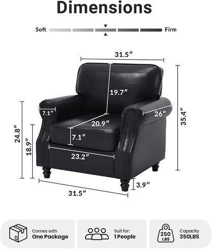 Kingfun Loveseat 2 Seater Couch with Chair, Mid Century Modern Faux Leather Sofa Set with Rolled Arms and Deep Seats, Fluffy Comfort for Living Room, Apartment, Easy Assembly,Black