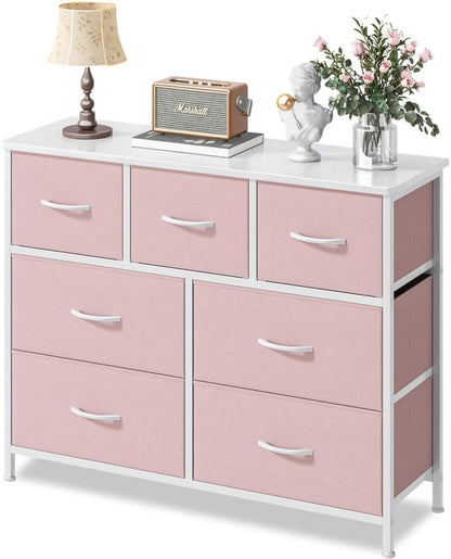 SHAWKEN Fabric Dresser for Bedroom One-Piece 7 Drawer Dresser Steel Frame Wide Fabric Storage Tower Wooden Top and Metal Frame for Closet Organizer Living Room Bedroom Room Dorm Room Hallway Purple