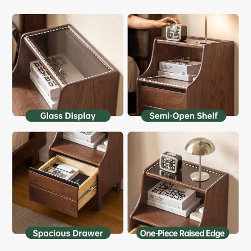 Solid Oak Wood Nightstand Drawer Open Storage Walnut Bedside Table
