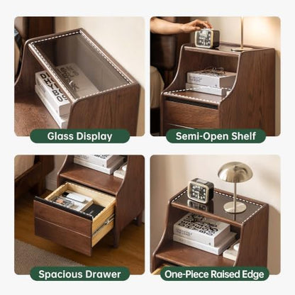 Solid Oak Wood Nightstand Drawer Open Storage Walnut Bedside Table