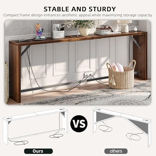 TIQLAB Sofa Table, 79''L x 9.1''W (1.2'' Thickness) Long Console Table Behind Couch, Entryway Table with Angled Metal Frame, Industrial Console Table, Black Walnut