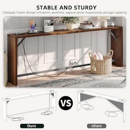 TIQLAB Sofa Table, 79''L x 9.1''W (1.2'' Thickness) Long Console Table Behind Couch, Entryway Table with Angled Metal Frame, Industrial Console Table, Black Walnut